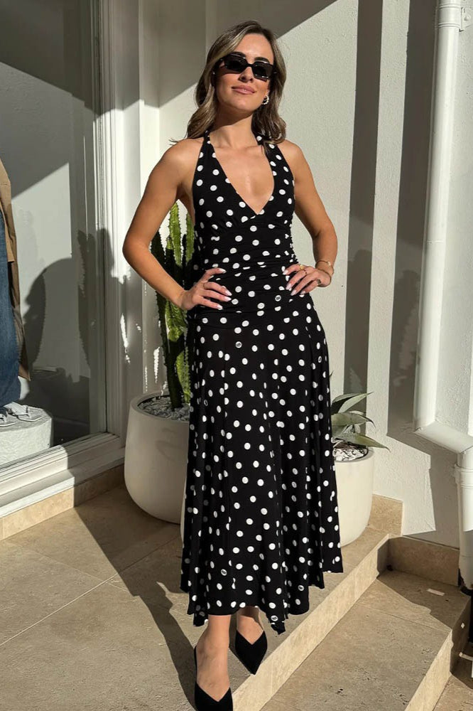 Polka Dot Halter V-Neck Ruched Maxi Dress 4