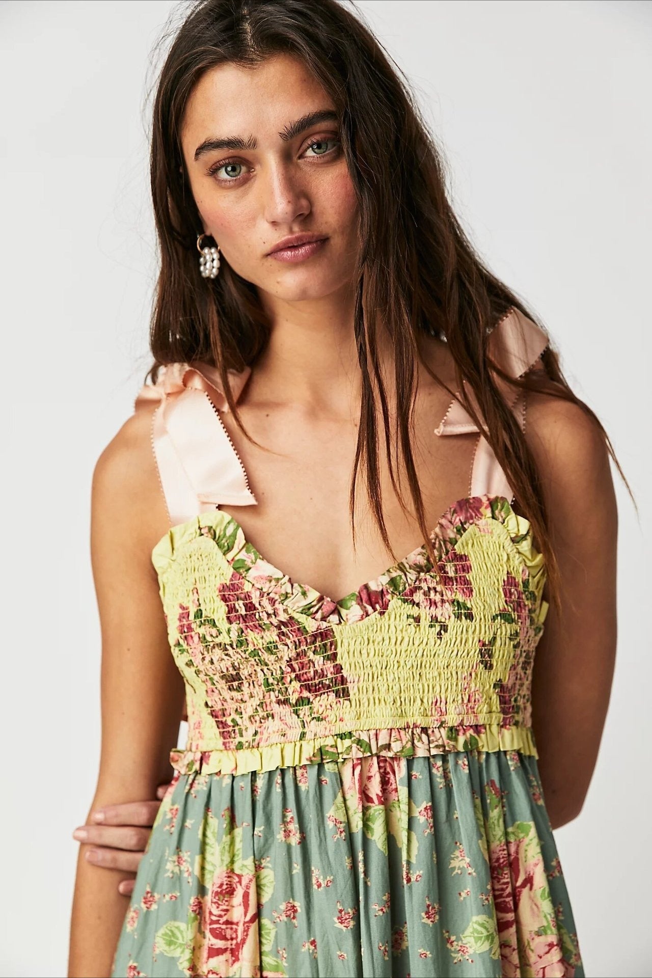 Smocked Sweetheart Bow Shoulder Strap Patchwork Floral Tiered Maxi Dress 7