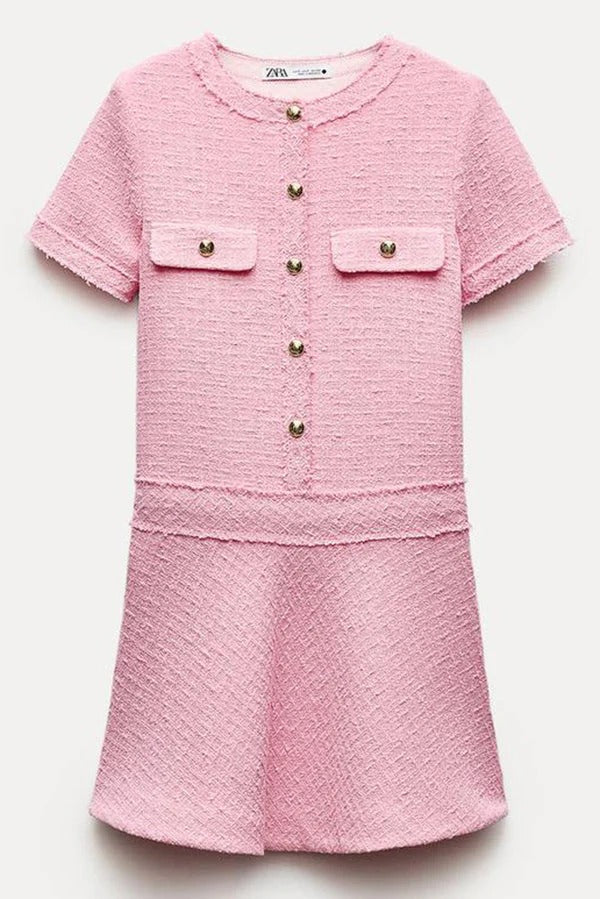 Rebekah Elevated 1960s London Girl Mini Dress in Textured Tweed with Gold Buttons and Short Sleeves and Pockets Boutique Collection
