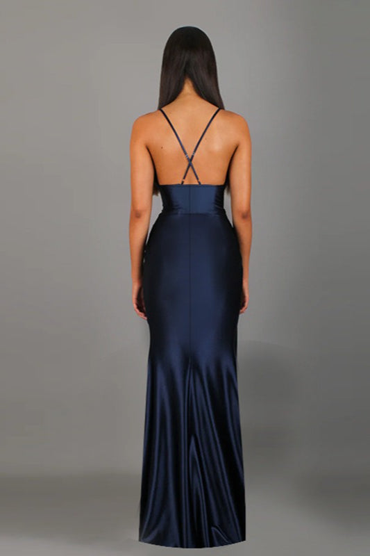Satin VNeck Slit Party Dress
