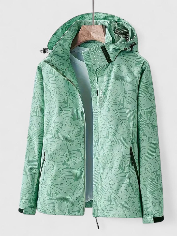 Hooded Tropical Leaf Print Zip Front Long Sleeve Windbreaker Jacket