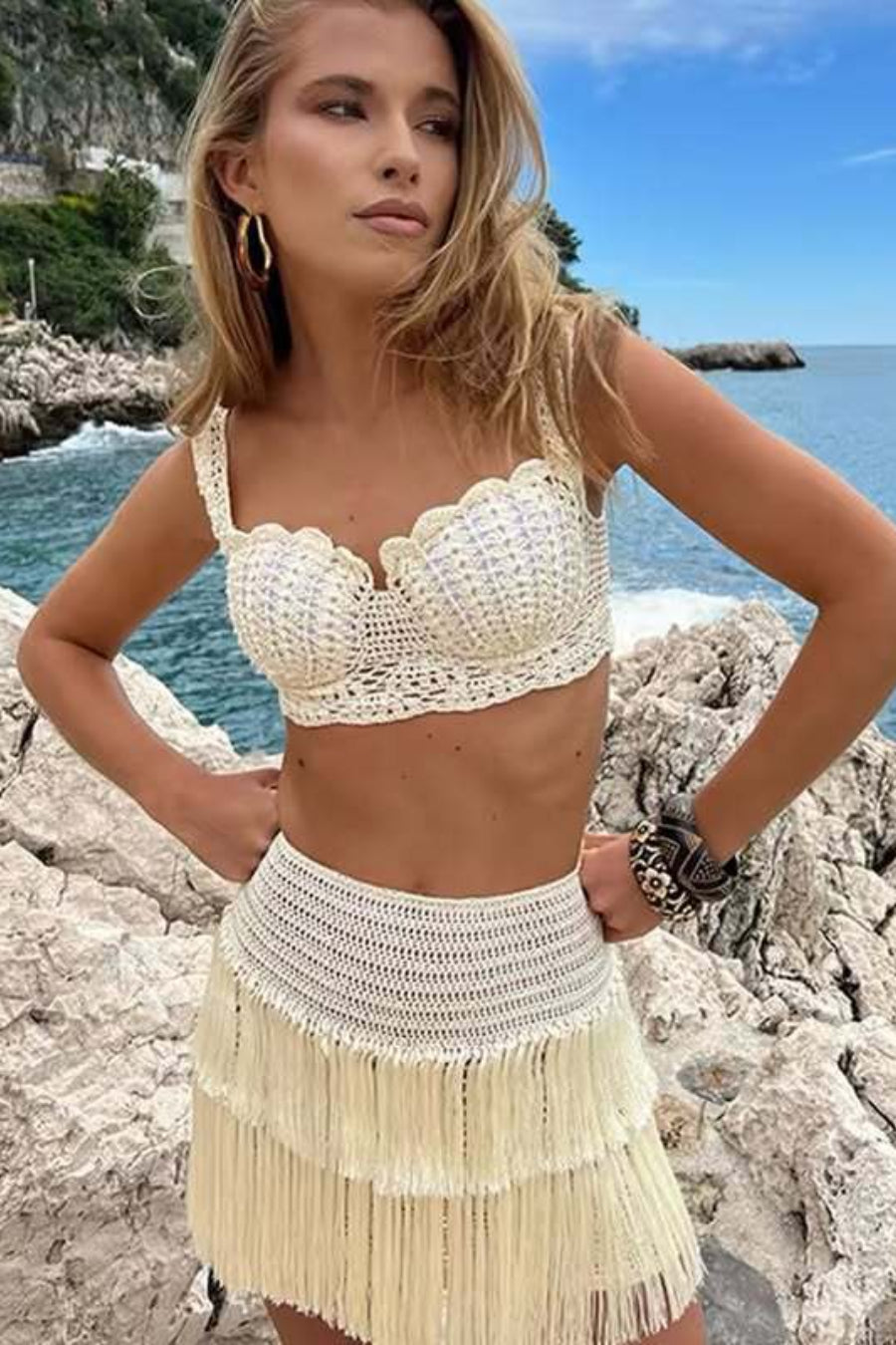 Crochet Fringe Halter Bikini Skirt Set
