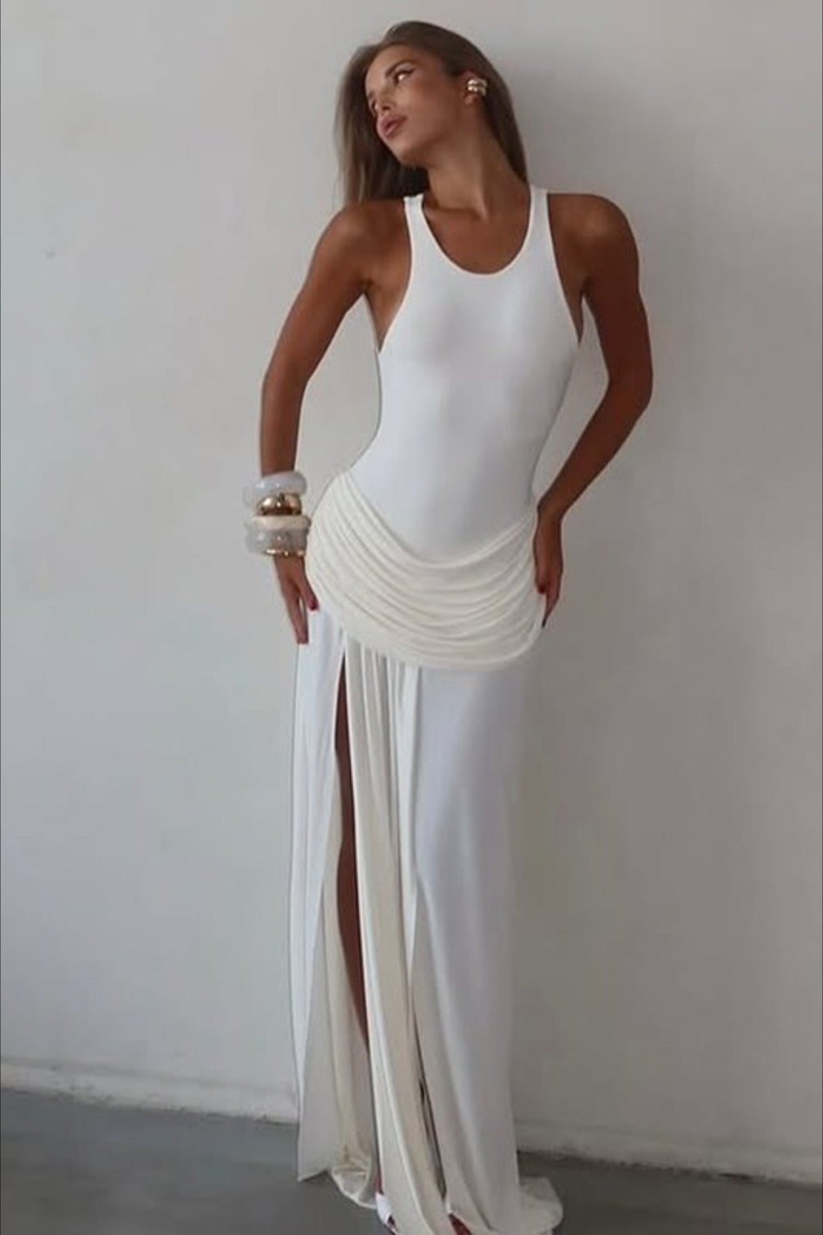 Sexy Solid Fitted High Slit Ruched Sleeveless Party Dress