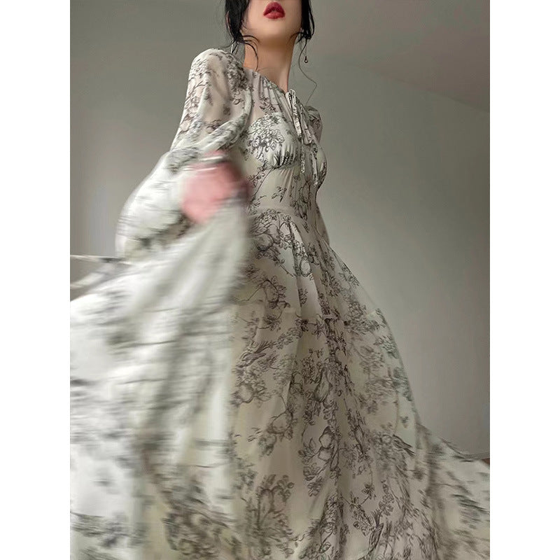 Beige Floral Print Long Sleeve Midi Dress