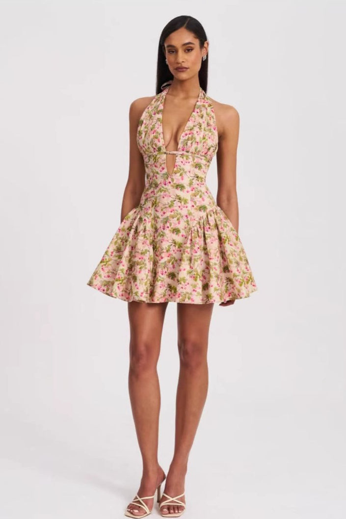 Halter Backless Mini Floral Dress
