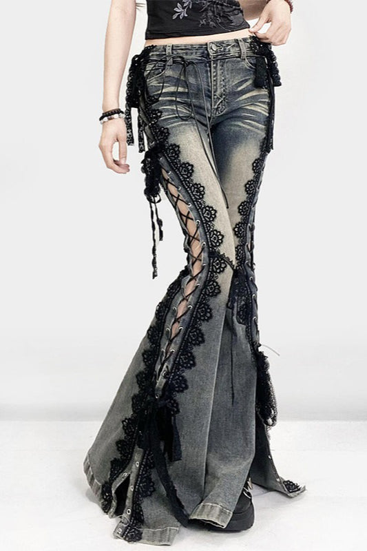 American Retro Lace Strap Slit Bellbottom Jeans