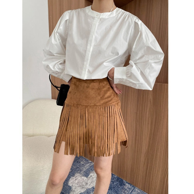 French Retro Round Neck Pleated Loose Long-Sleeved Shirt