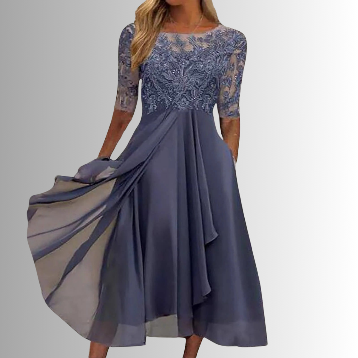 Round Neck Lace Embroidered Chiffon Half Sleeve A-Line Maxi Dress