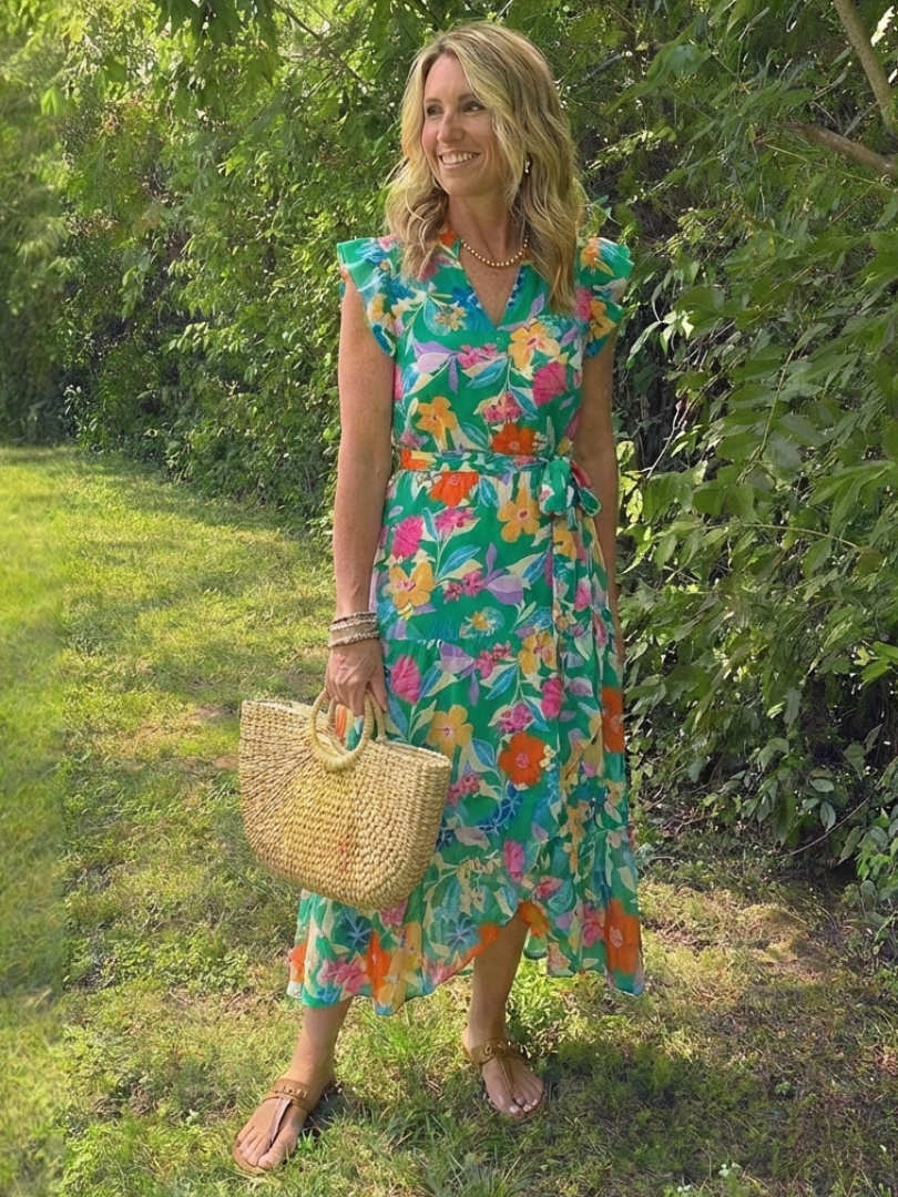 Split Neck Floral Print Ruffle Sleeve Tiered A-Line Maxi Dress