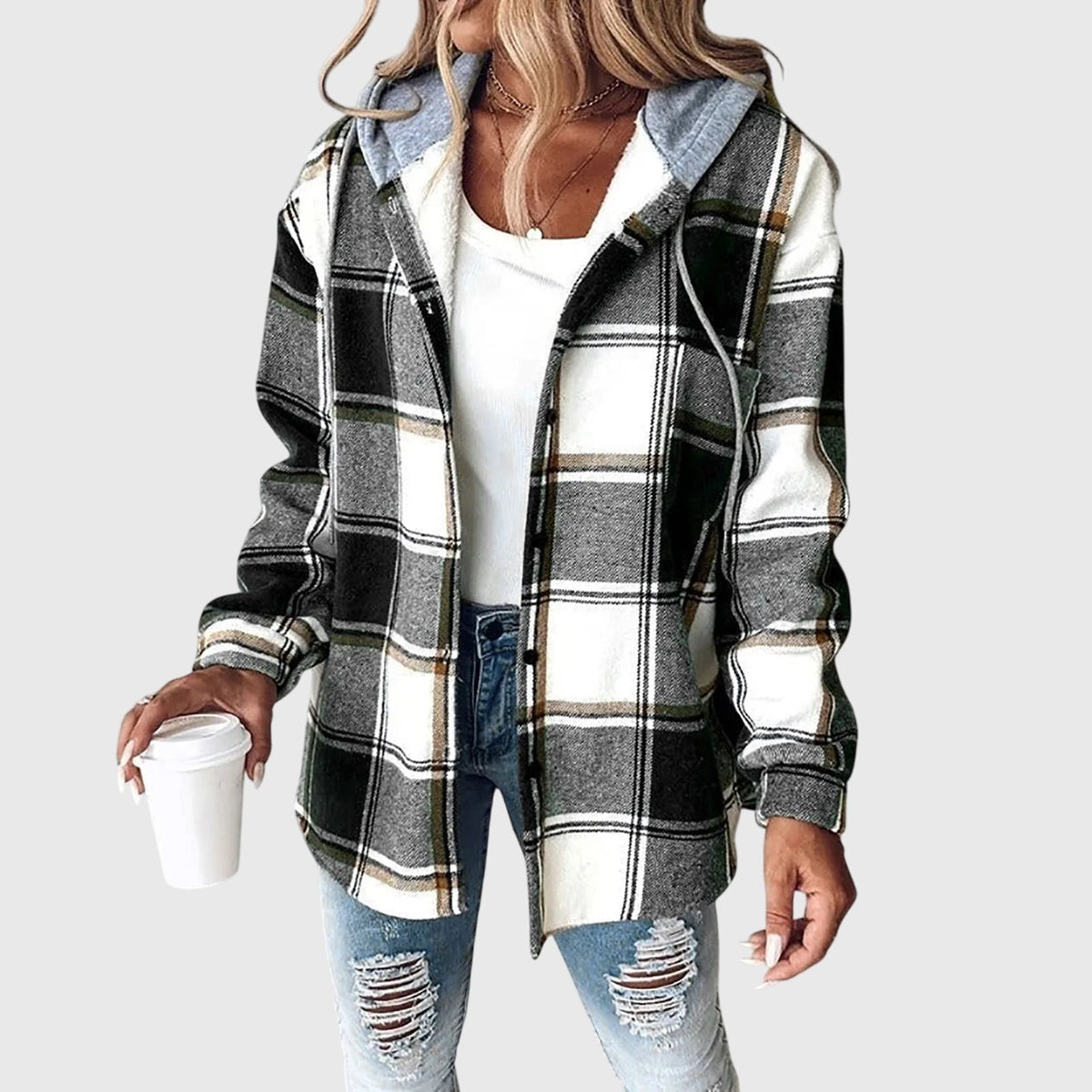 Hooded Plaid Flannel Drawstring Button Front Jacket