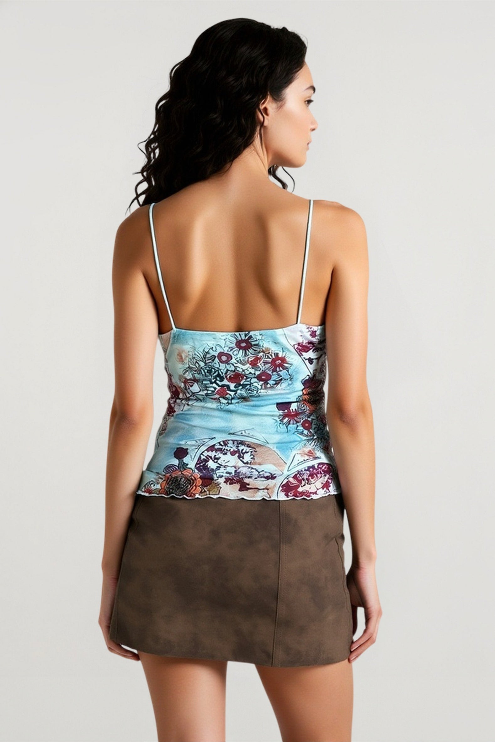 Print lace v neck cami top