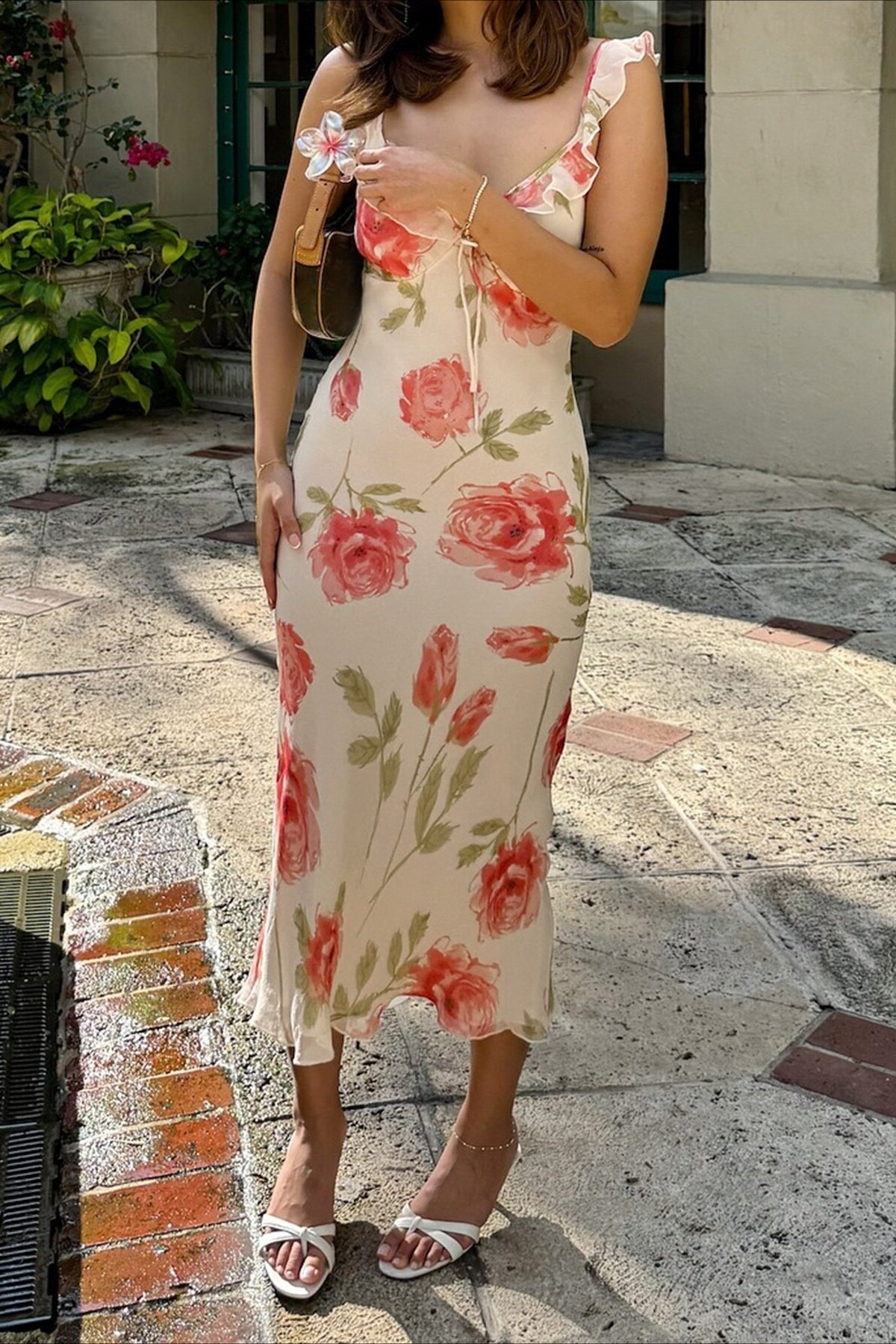 Open Back Pearl Bow Fitted Floral Dress