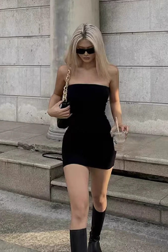 Black Tube Waist Cinch Mini Slim Bodycon Dress