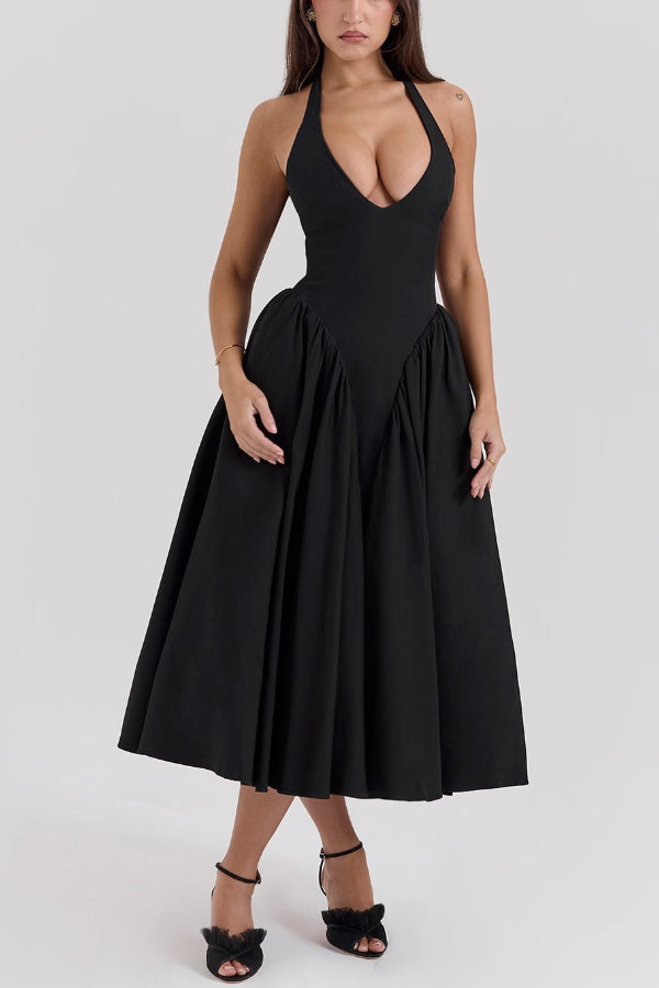 Lilly Timeless Solid a Line Halter Midi Dresses with Deep V Neck Boutique Dress Collection