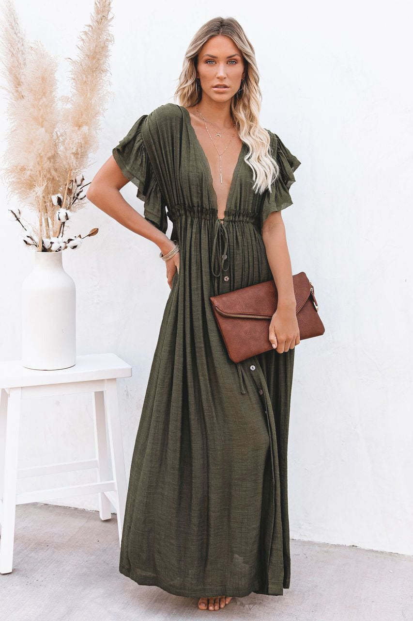 Deep V Neck Ruffle Sleeve Drawstring Waist Button Front Pocket Maxi Dress 12