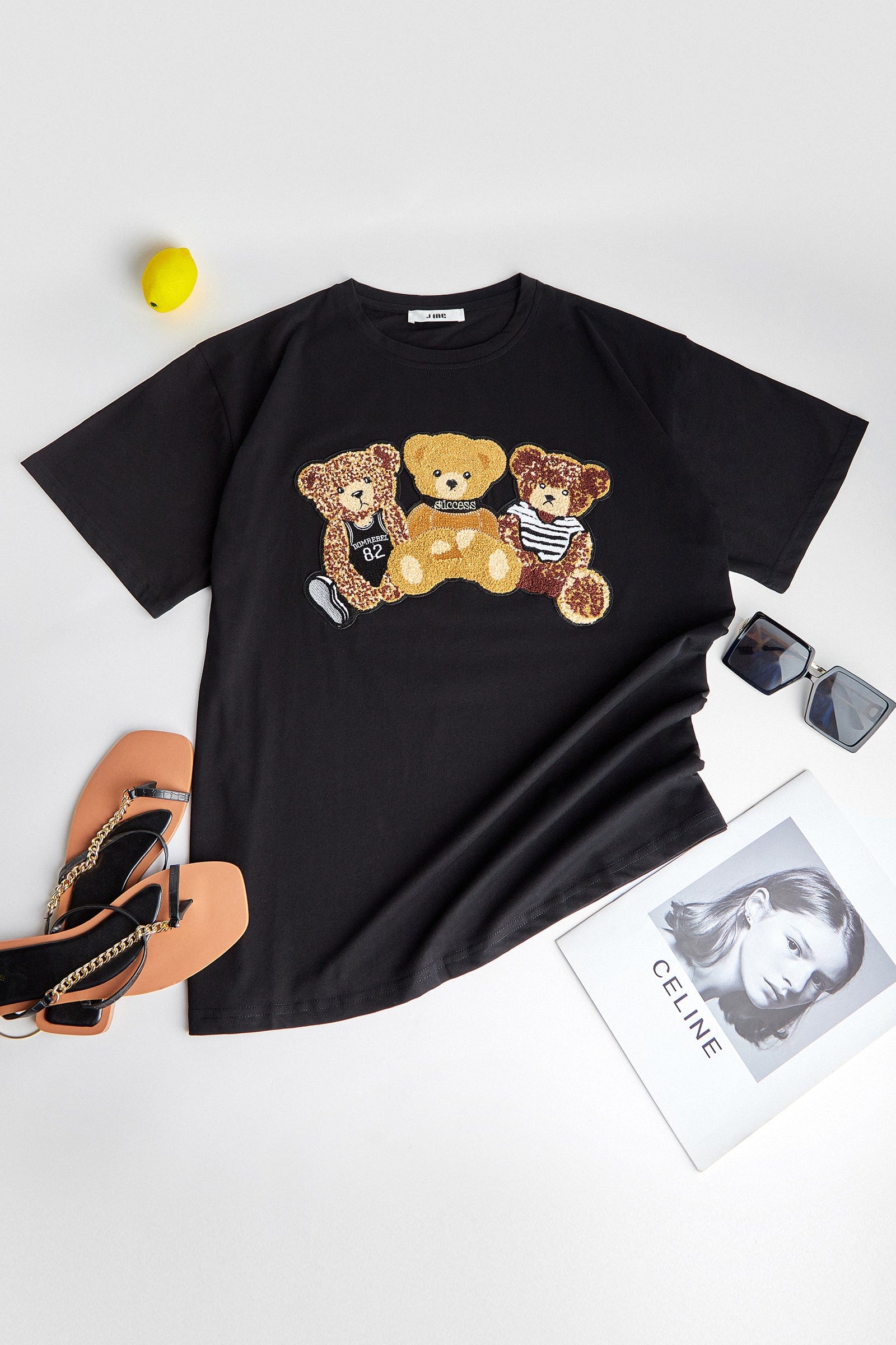 Black Teddy Bear Embroidered T-Shirt