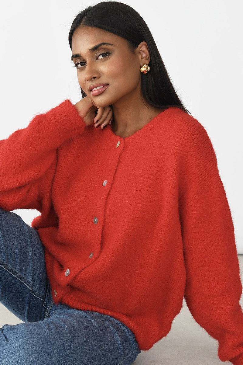 Versatile Soft Retro Shell Button Gray Wool Knit Cardigan
