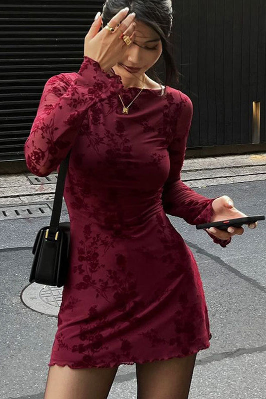 Red Mesh Floral Long Sleeve Bodycon Dress 4