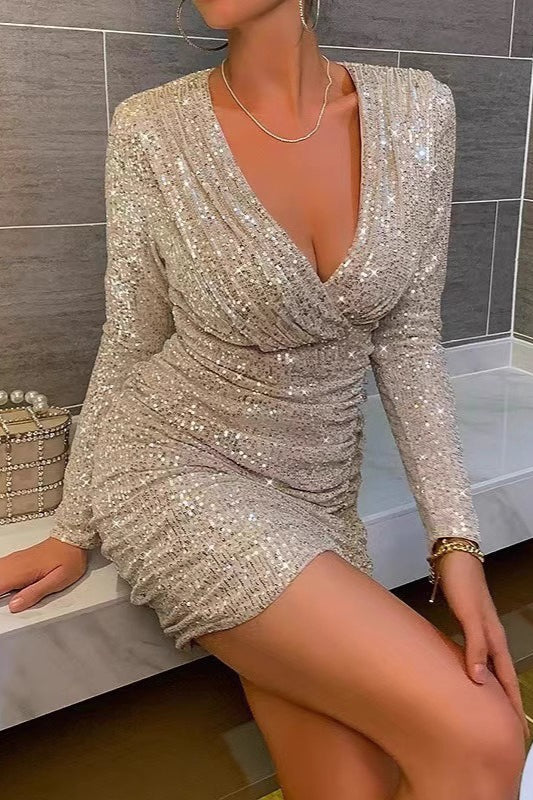 Long Sleeve VNeck Ruched Sequin Sequin Dress