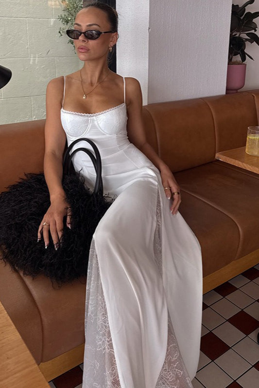 Low Cut Lace Trim Waist Cinch Slip Dress