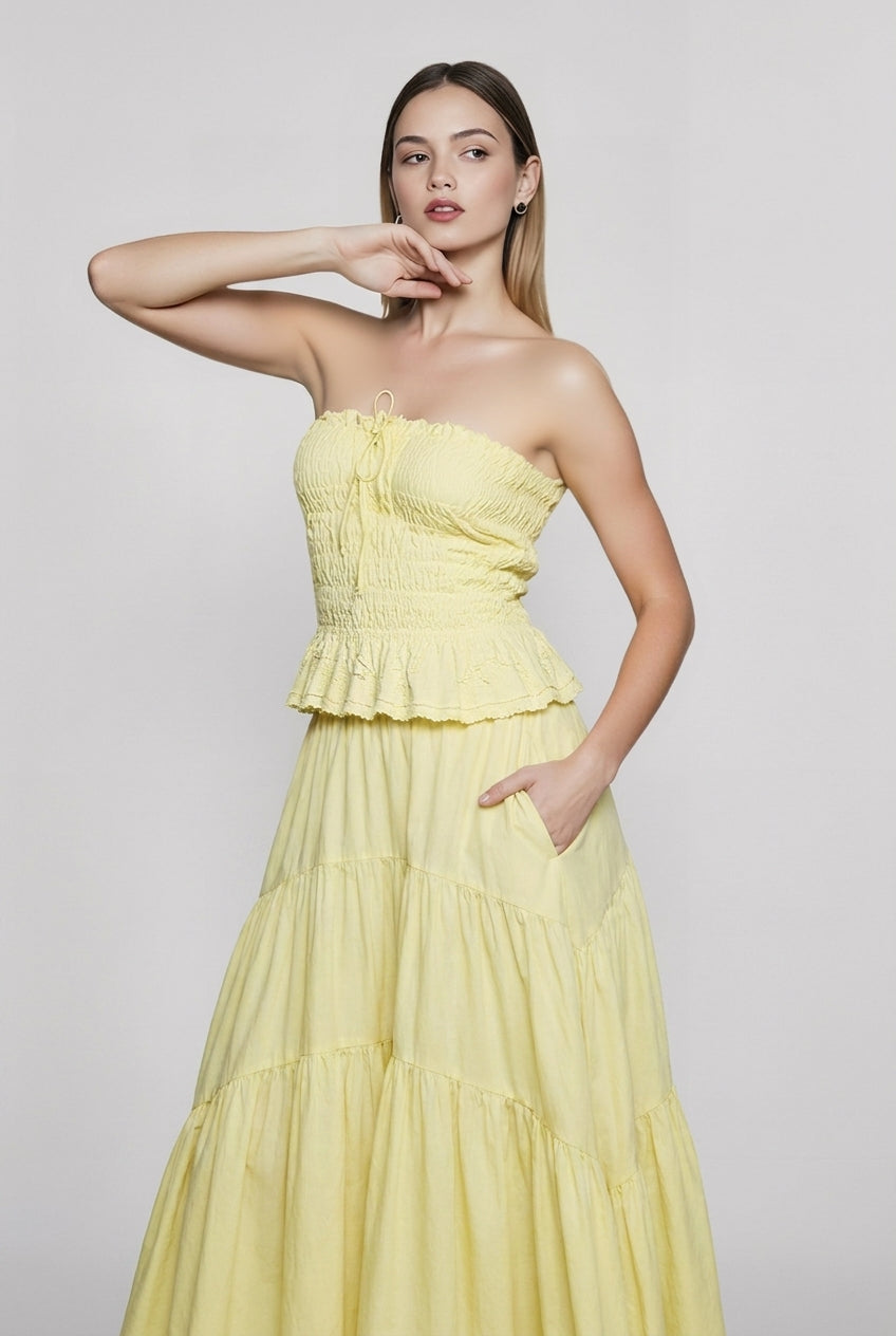 Strapless smocked ruched a line vacation set
