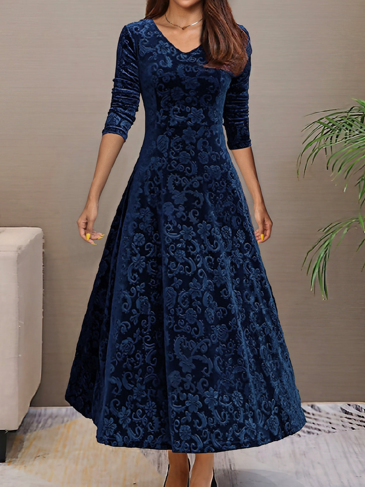 V-Neck Floral Burnout Velvet Long Sleeve A-Line Maxi Dress 5