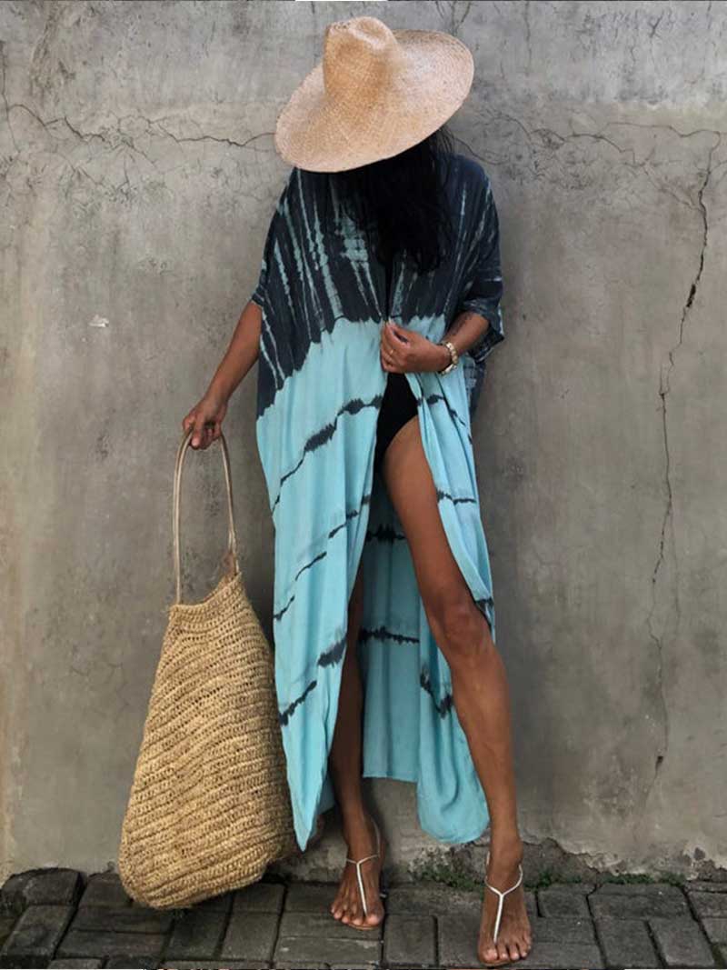 Tie-Dye Print Belted Short Sleeve Long Kimono Duster Robe 5
