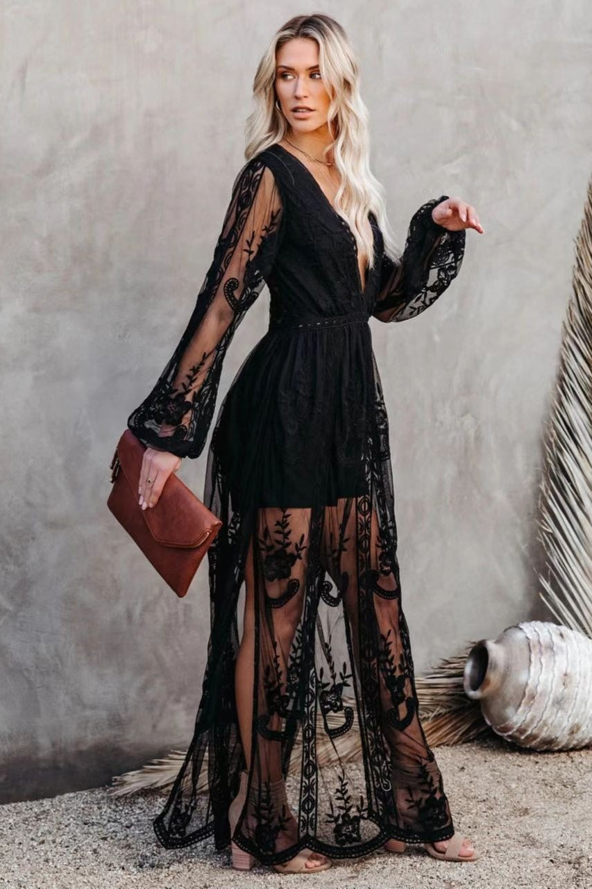 Deep V Neck Long Sleeve Floral Embroidered Mesh High Slit Maxi Dress 2
