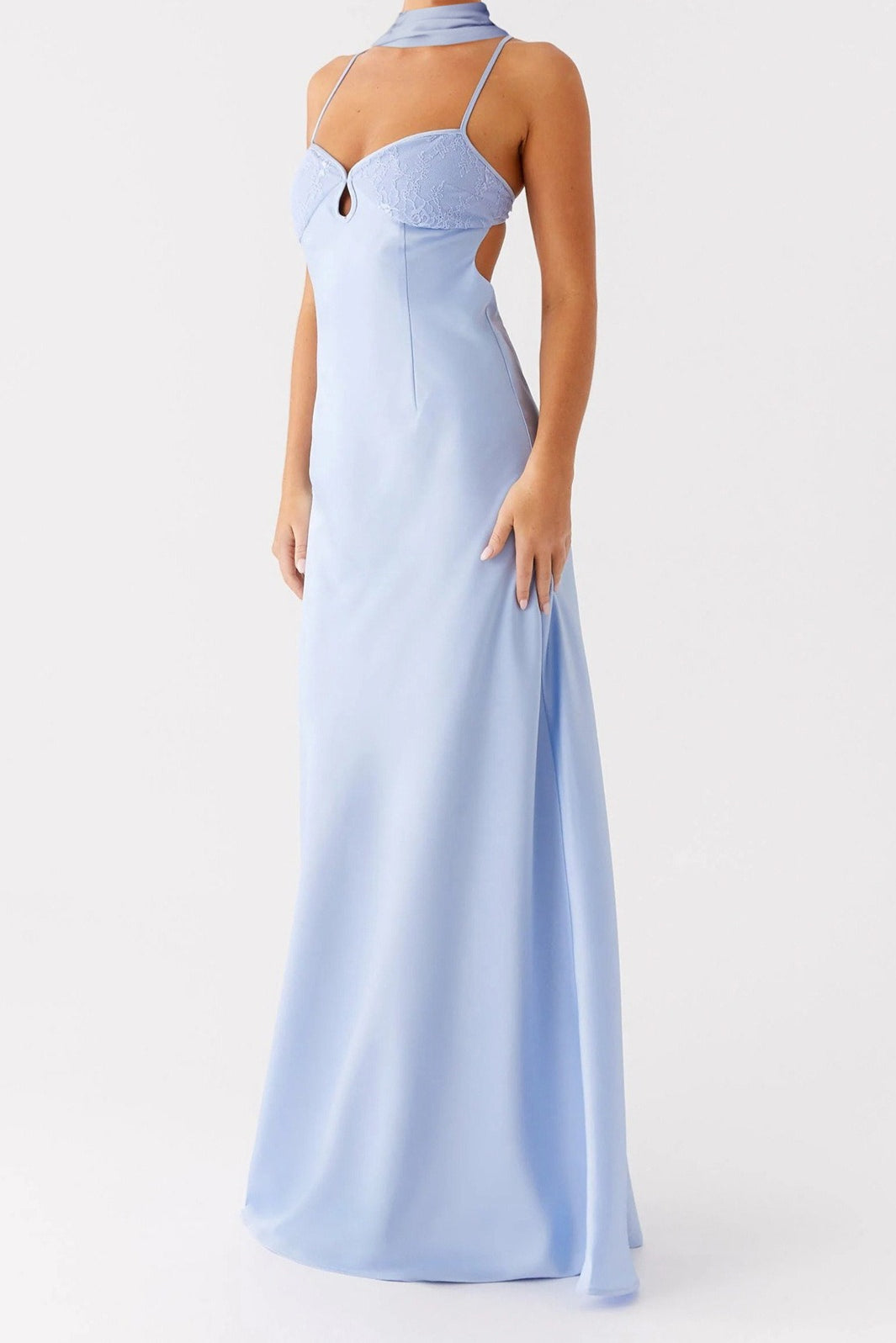 Satin V-Neck Tie-Back Maxi Luxury Party Dress