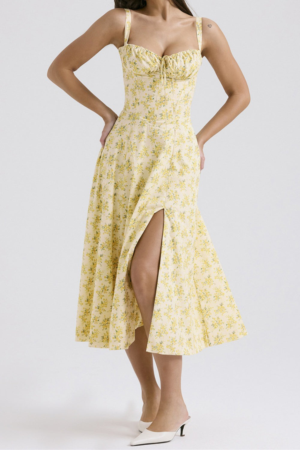 Wide Strap Sweetheart Ruched Bust Toile Floral Print A-Line Midi Dress 14