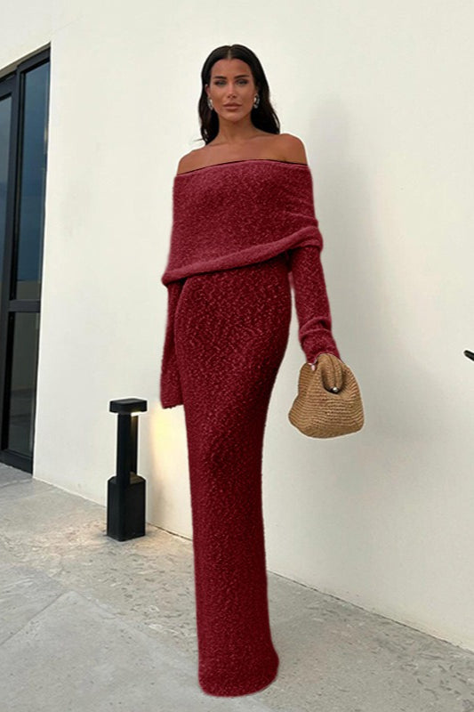 Backless Knit OffShoulder Maxi Sweater Dress