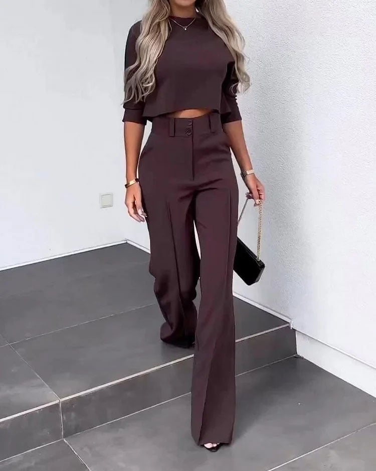 Fashionable solid color high waisted straight pants suit