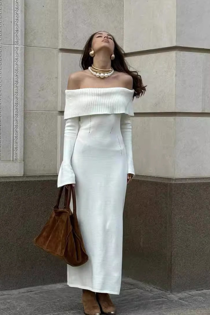 Collared OffShoulder Knit Sweater Dress