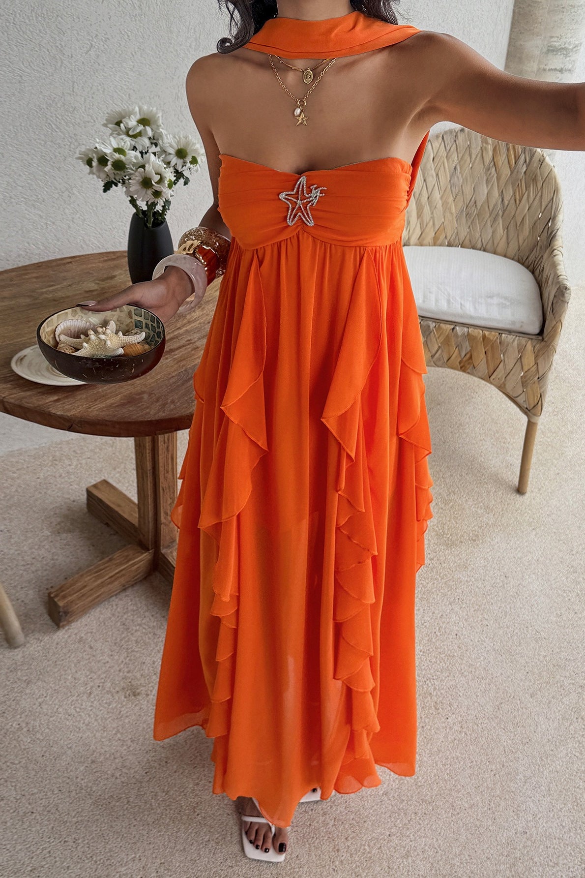 Strapless Starfish Detail Tiered Ruffle Chiffon Maxi Dress 2