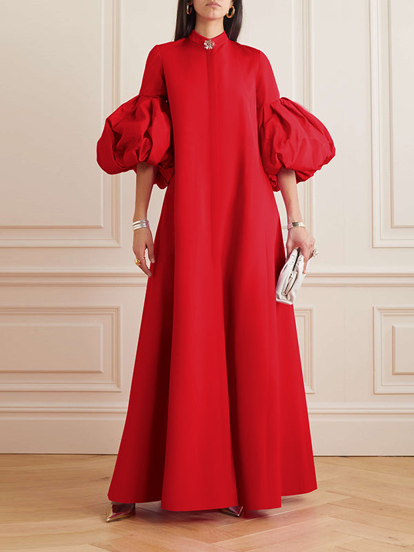 Loose Flower Shape Solid Color Stand Collar Lantern Sleeves Maxi Dresses - Omychic