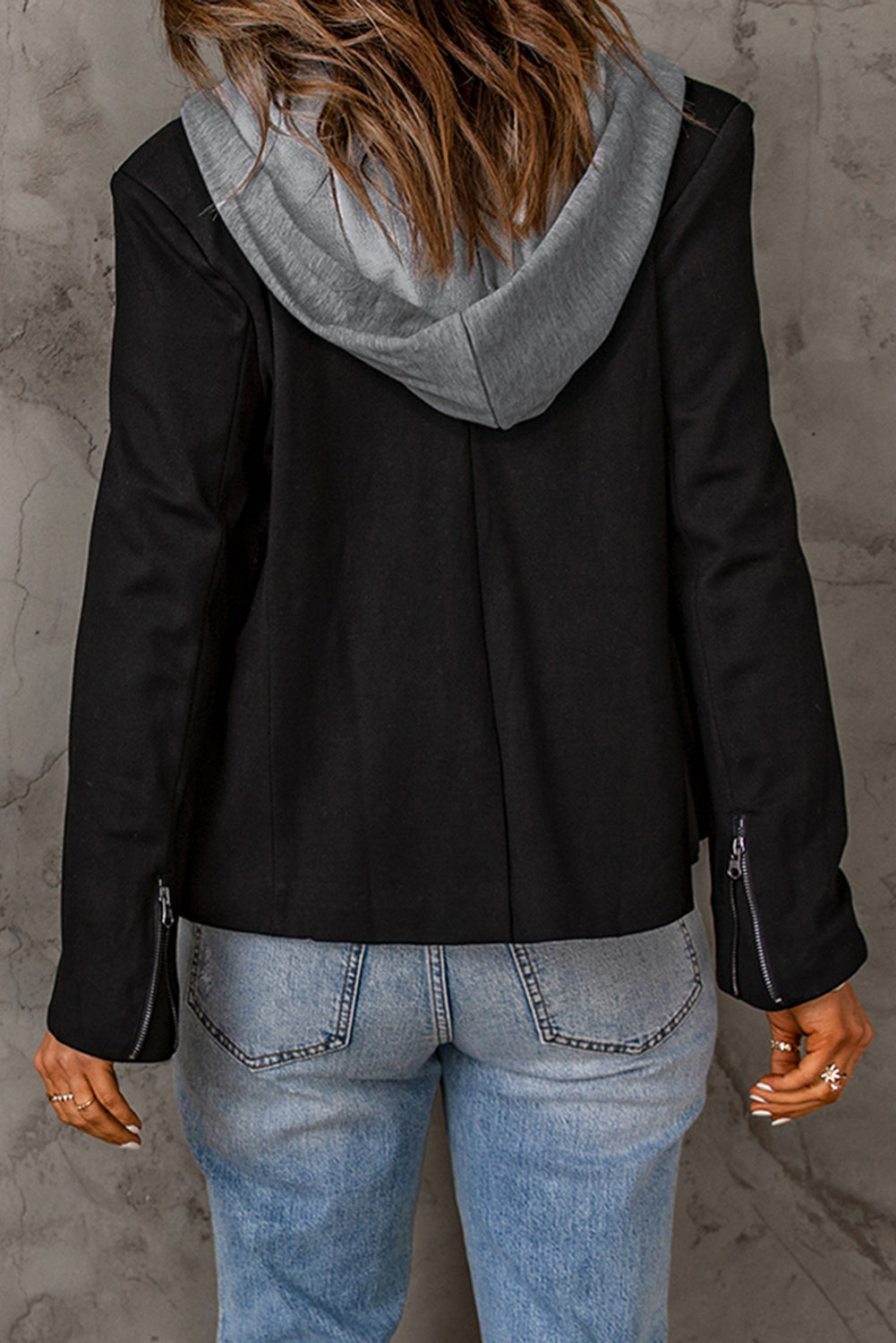 Black Snap Lapel Zip Up Hooded Moto Jacket