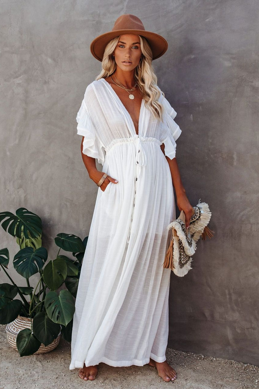 Deep V Neck Ruffle Sleeve Drawstring Waist Button Front Pocket Maxi Dress 4