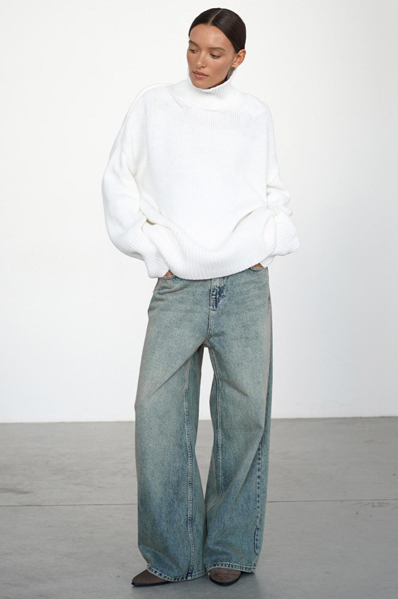 Loose Fit Solid Turtleneck Euro Knit Sweater