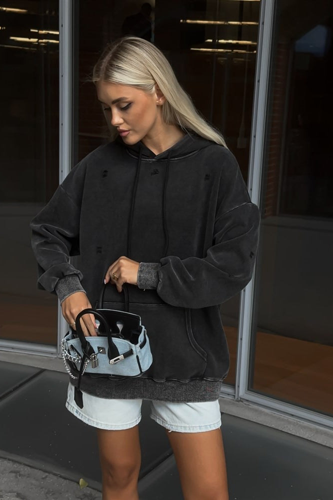 Distressed Washed Solid Cotton Hoodie