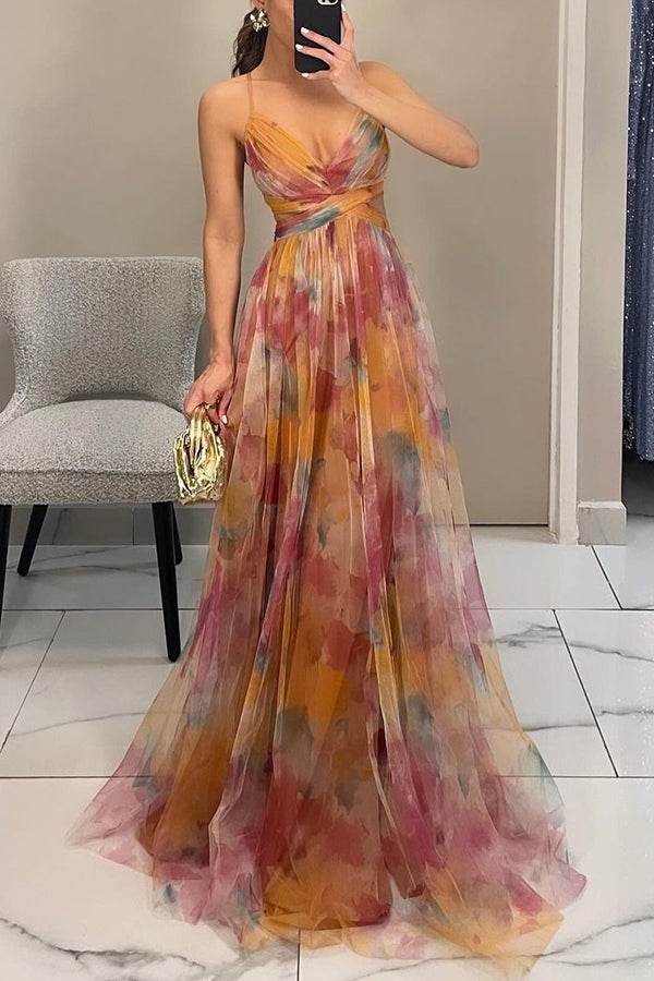 Spaghetti Strap V-Neck Floral Tulle Ruched Waist A-Line Maxi Dress