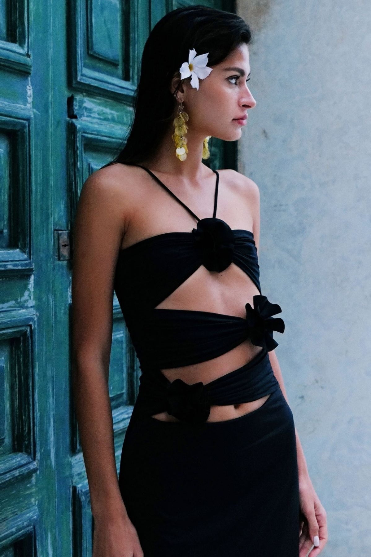 3D Floral Waist Cinch Cutout Halter Maxi Slip Dress