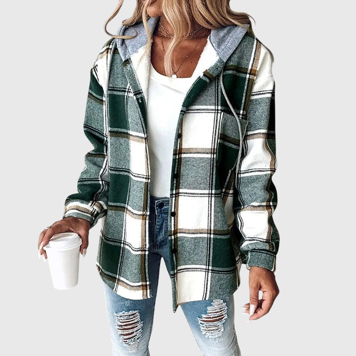 Hooded Plaid Flannel Drawstring Button Front Jacket