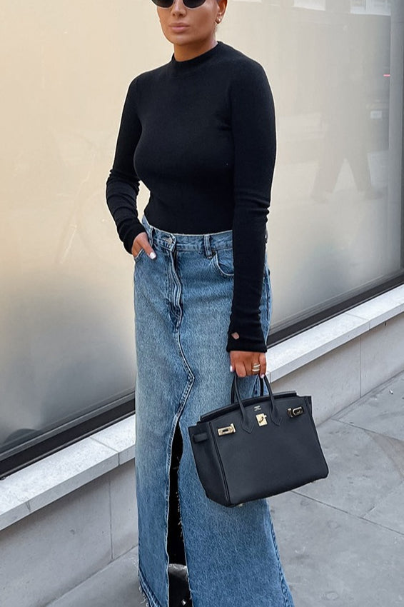Blue Denim Raw-Hem A-Line Skirt