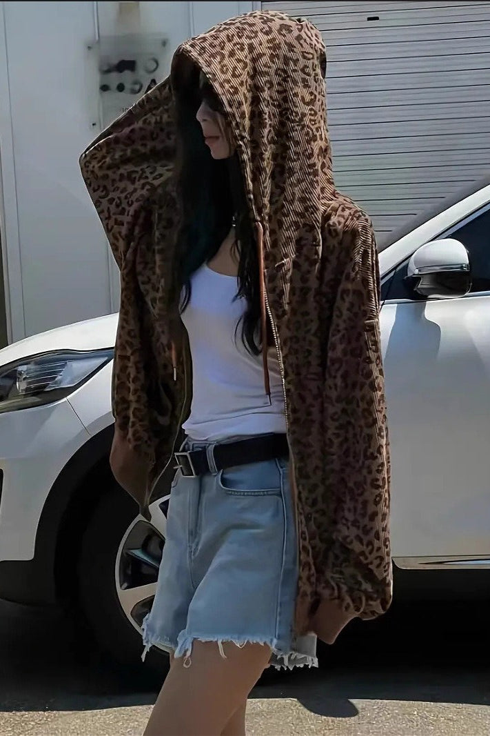 Retro Leopard Print Loose Zip Hoodie