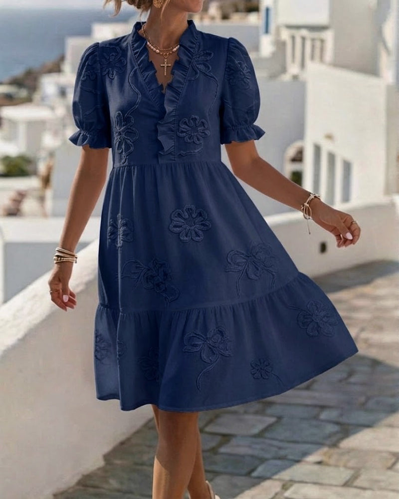 V-Neck Floral Embroidered Ruffle Puff Sleeve Tiered Mini Dress 13