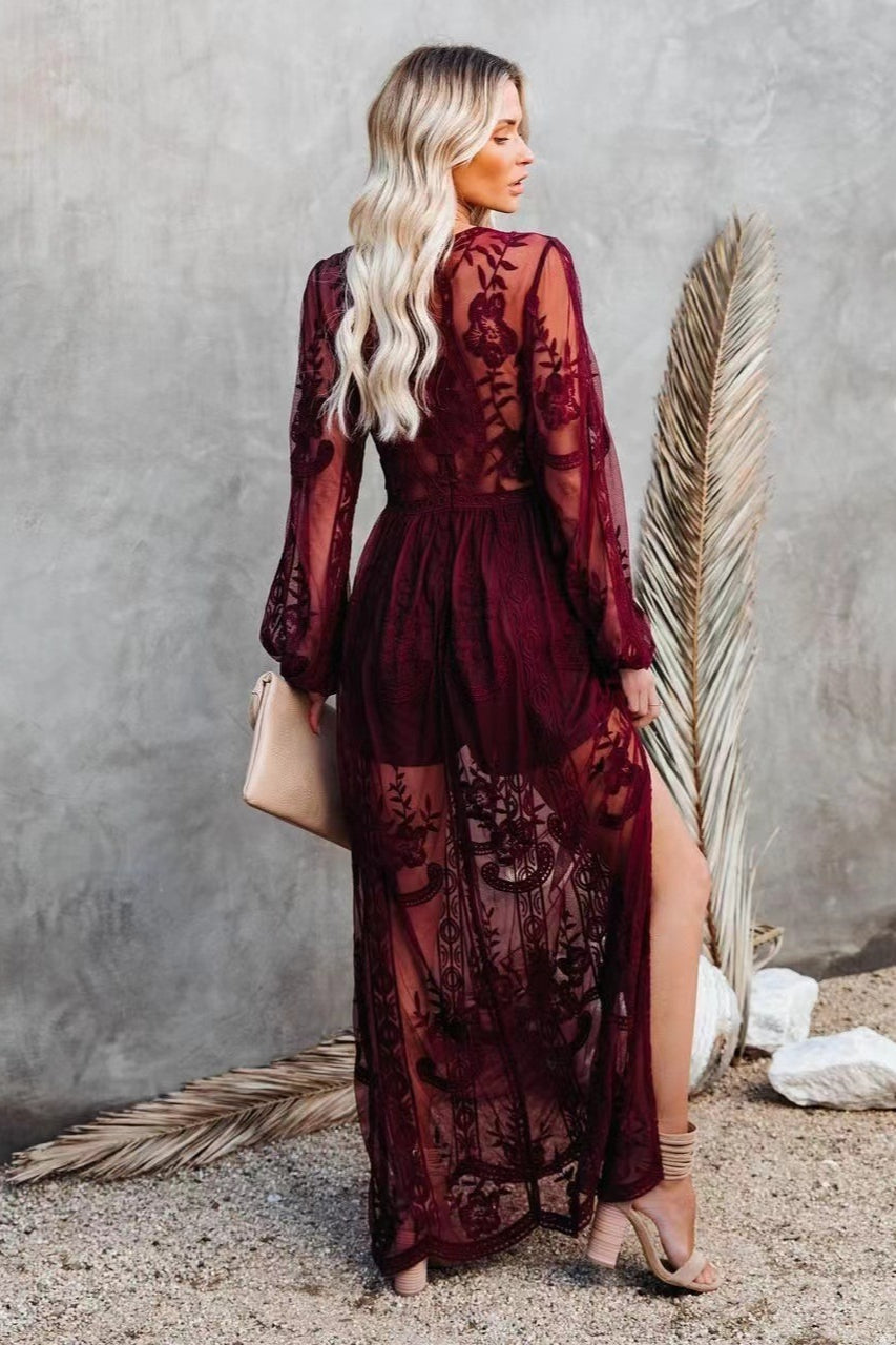 Deep V Neck Long Sleeve Floral Embroidered Mesh High Slit Maxi Dress 10