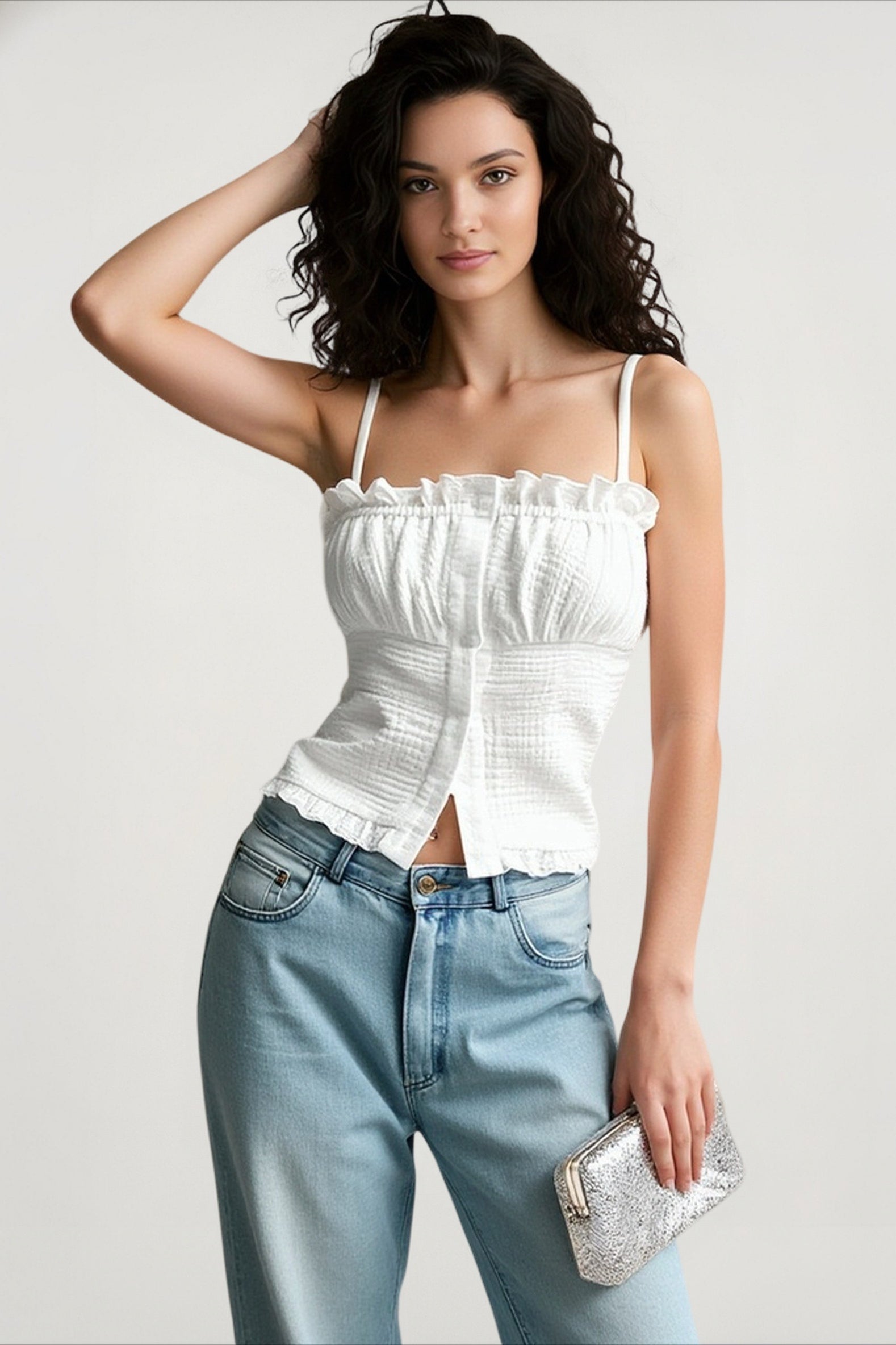 White ruffle strapless cami top