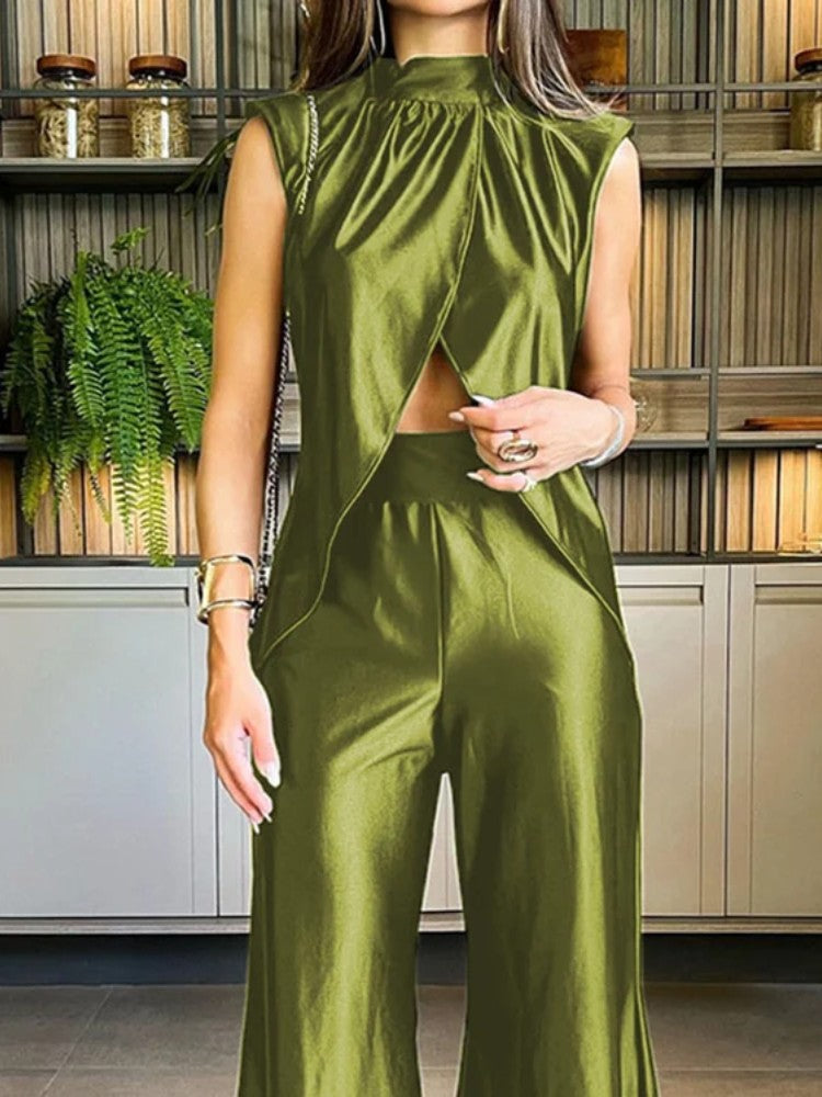 Women Sleeveless Tank Split Hem Top and Wide Leg Silk Pants Sets