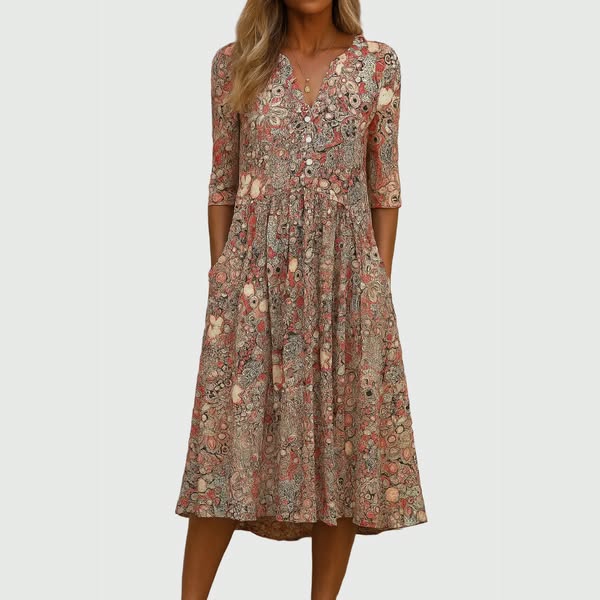 Split Neck Button Half Sleeve Floral Print Pocket A-Line Midi Dress