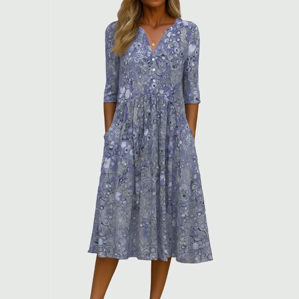 Split Neck Button Half Sleeve Floral Print Pocket A-Line Midi Dress